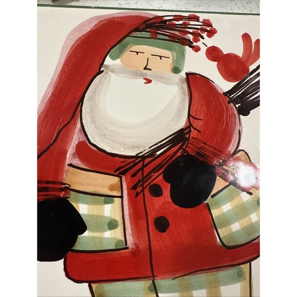 Vietri Old St Nick 8” Square Trivet Hand Painted Green Border Wood Pile Italy - Picture 3 of 9